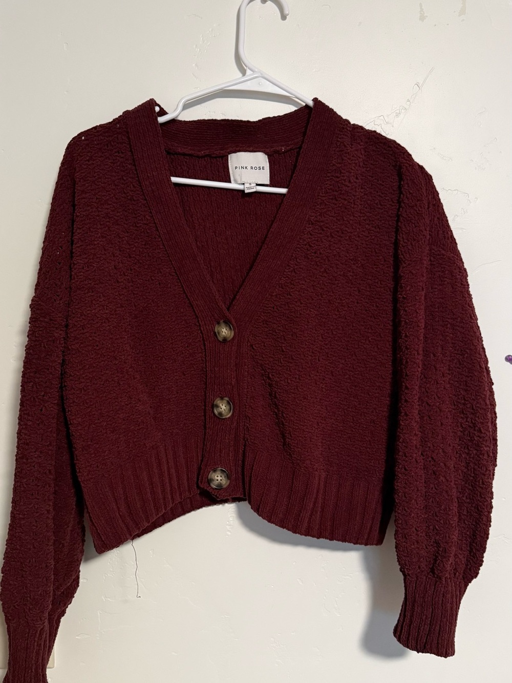 Pink Rose Women's Wine Burgundy Cropped V-Neck Button Sweater